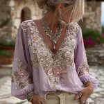 Women's Vintage Pink Floral Embroidered Art Pattern V-neck Long Sleeve Blouse - Image 8