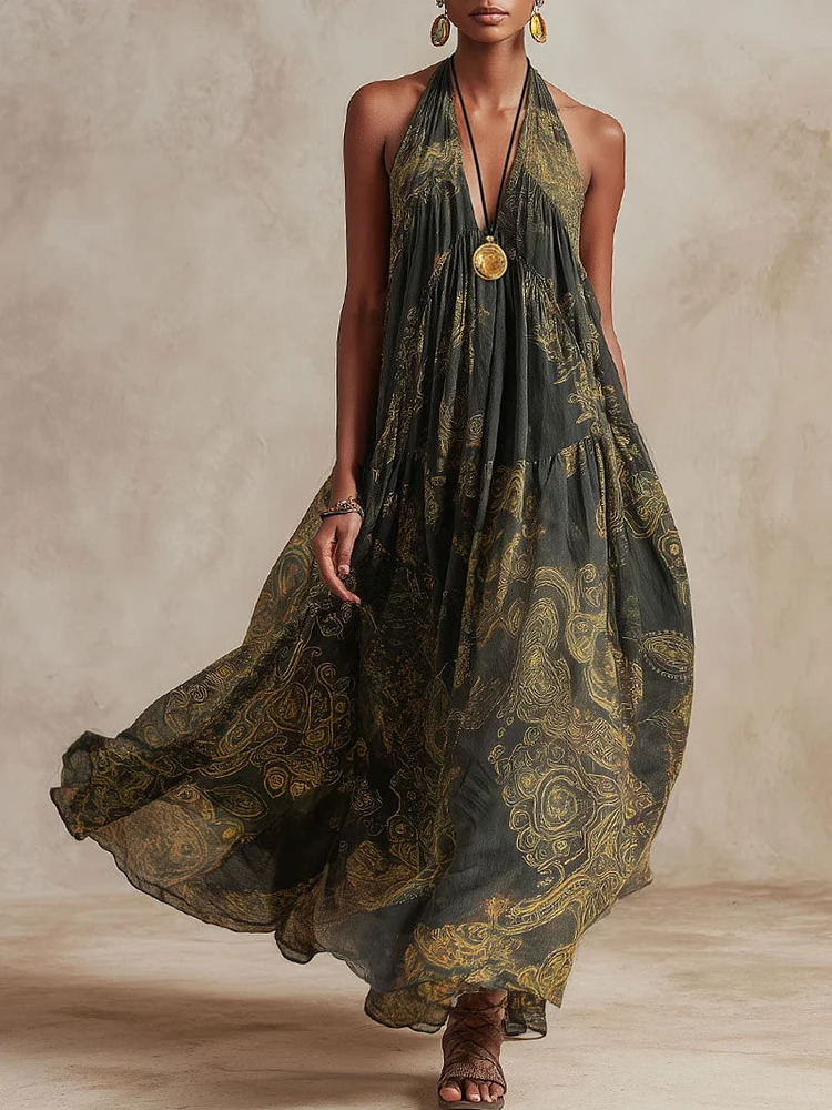 Women's Flowy Retro Pattern Print Casual Halter Neck Dress