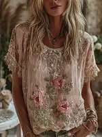 Women's Pink Flower Embroidered Art Short Sleeve T-shirt