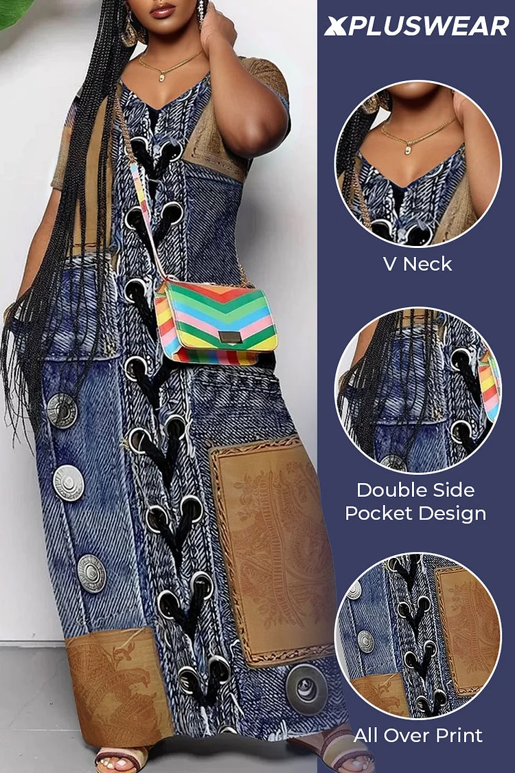 Plus Size Vacation Blue Sundress All Over Print V Neck Pocket Maxi Dresses