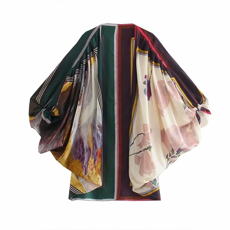 Za Women Printed Coat Spring Autumn New Thin Outwear Silk Deep V-Neck Kimono Style Long Sleeve Ladies Vintage Chic Coat