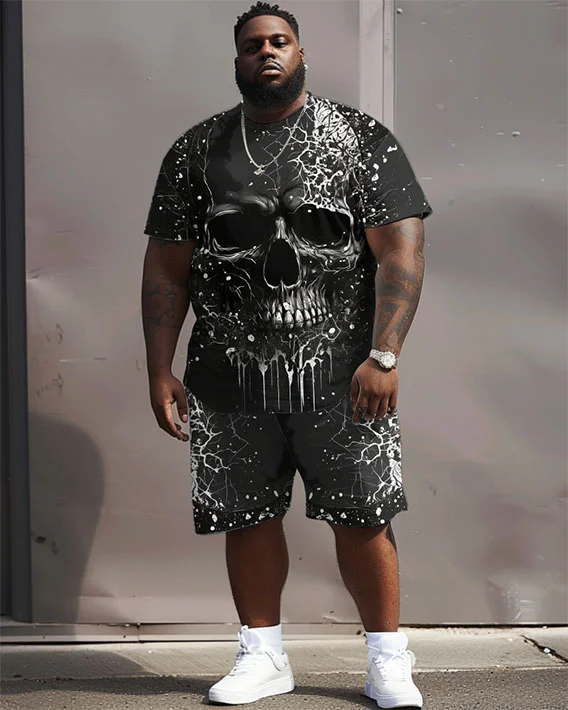 Men's Plus Size Street Hip Hop Skull Split Print T-Shirt Shorts Suit