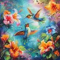 Hummingbird On Colorful Flowers - Diamond Painting