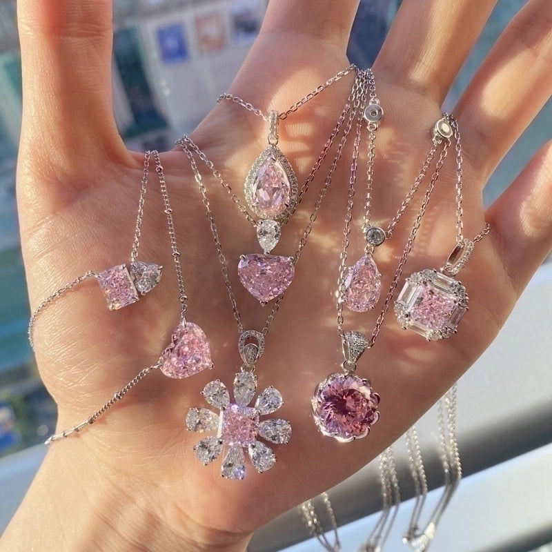 925 Sterling Silver Zircon Cable Chain Plating Inlay Water Droplets Flower Pendant Necklace