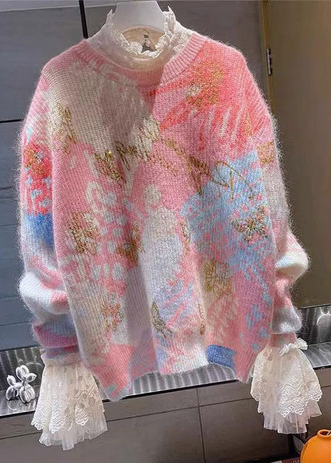 VCSHOES Pink O Neck Patchwork Cozy Cotton Knit Sweaters Winter
