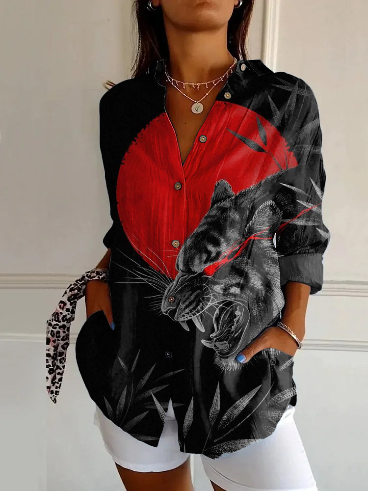 Vintage Sun Moon Tiger Art Print Long Sleeve Shirt