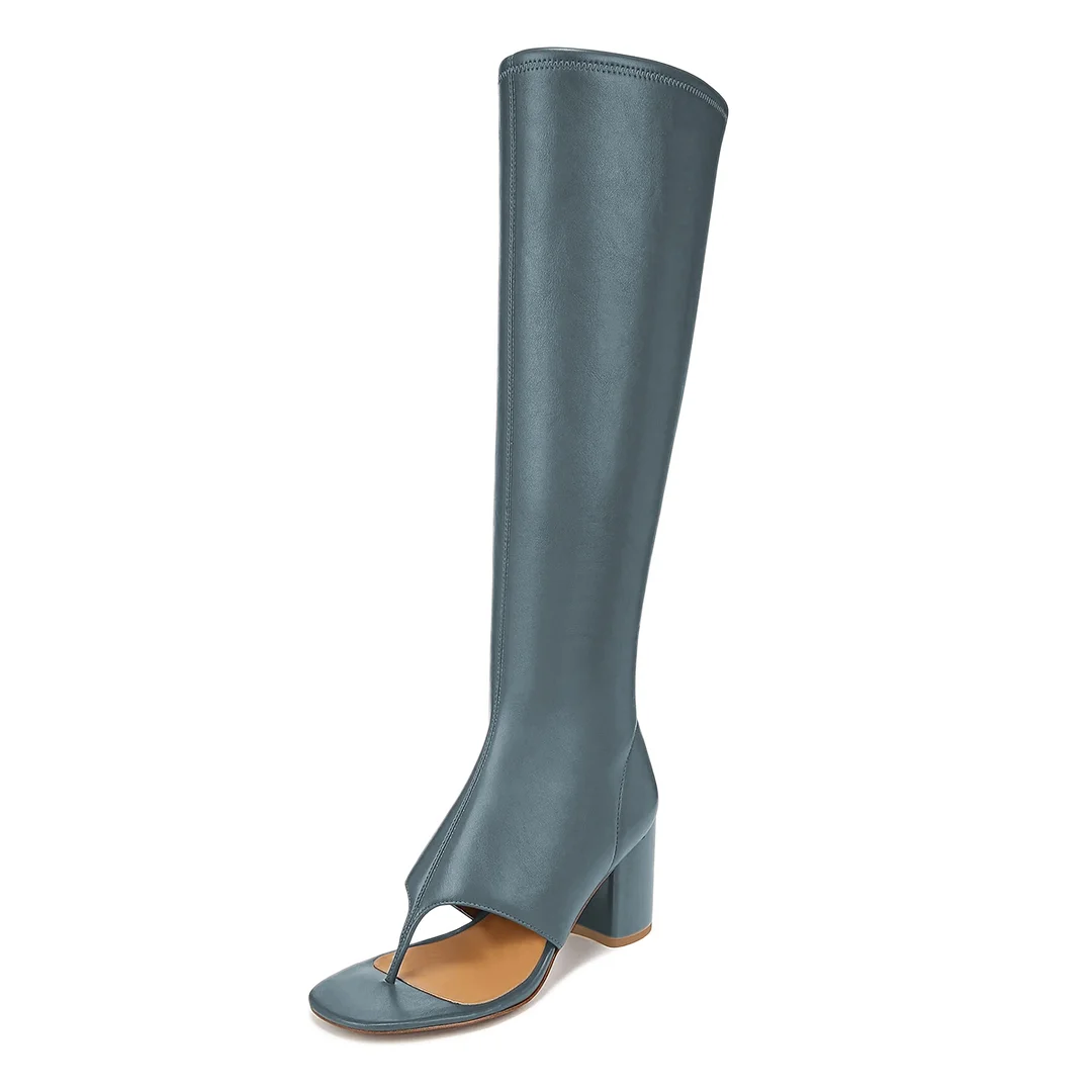 Blue Vegan Leather Open Square Toe Side-Zip Chunky Heel Boots