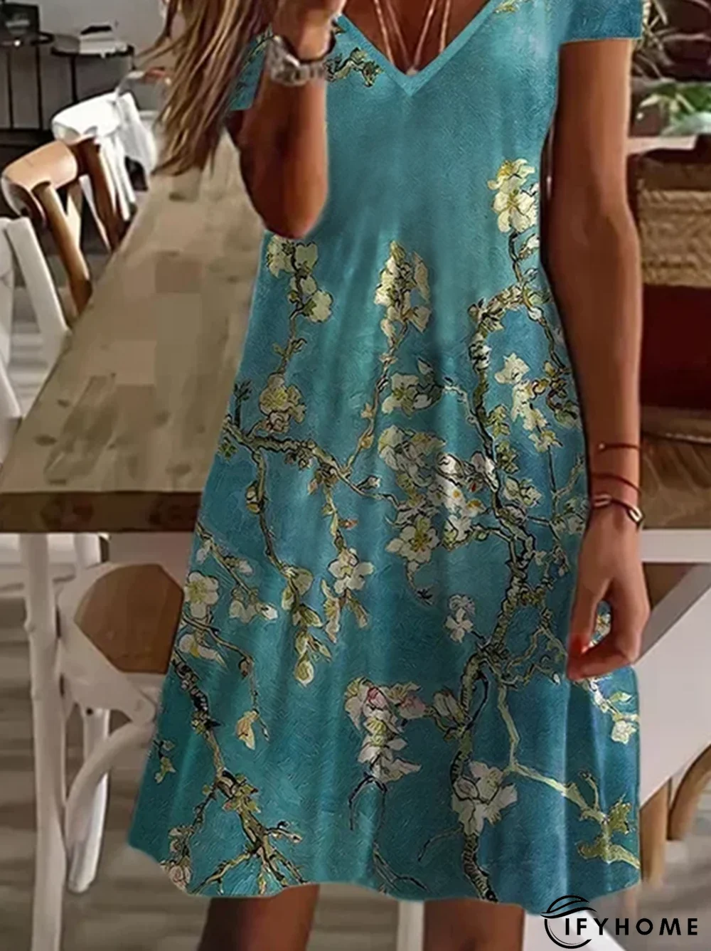 Casual Floral V Neck Short Sleeve Knit Dress | IFYHOME