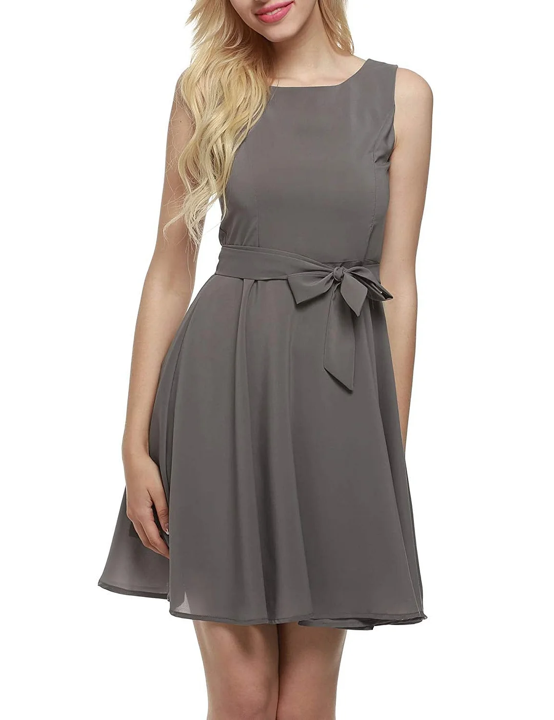 Women Chiffon Summer Sleeveless A-line Pleated Party Cocktail Dress with Belt