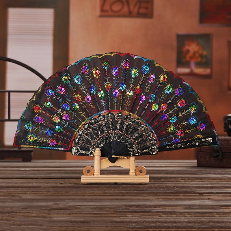 Black Rod Sequin Fan Embroidery Fan Dancing Folding Fan Peacock Fan Gift Folding Fan Fan Wing Chun Fan