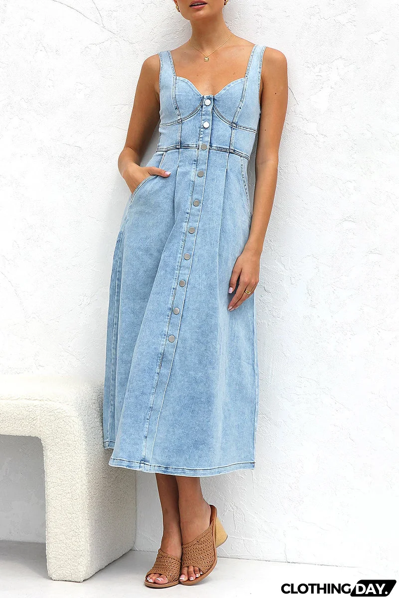 Elegant Solid Make Old Pocket Buckle V Neck Sleeveless Loose Denim Dresses