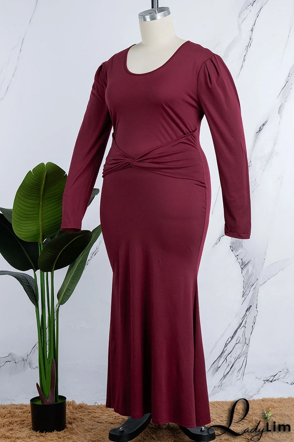 Orange Casual Solid Patchwork V Neck Long Sleeve Plus Size Dresses