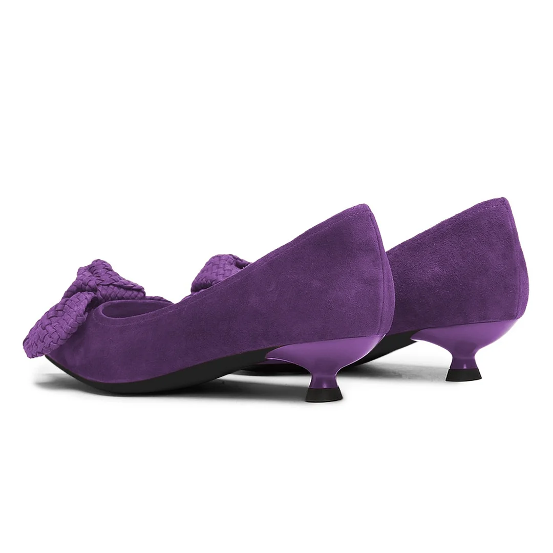 Purple Vegan Suede Pointed Toe Woven Bow Kitten Heel Pumps for Women