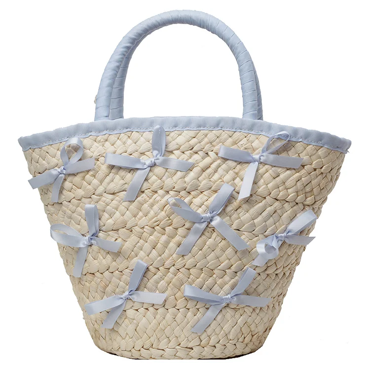 Bow Woven Tote Bag Elegant Top-Handle Bags Drawstring Closure for Beach Vacation