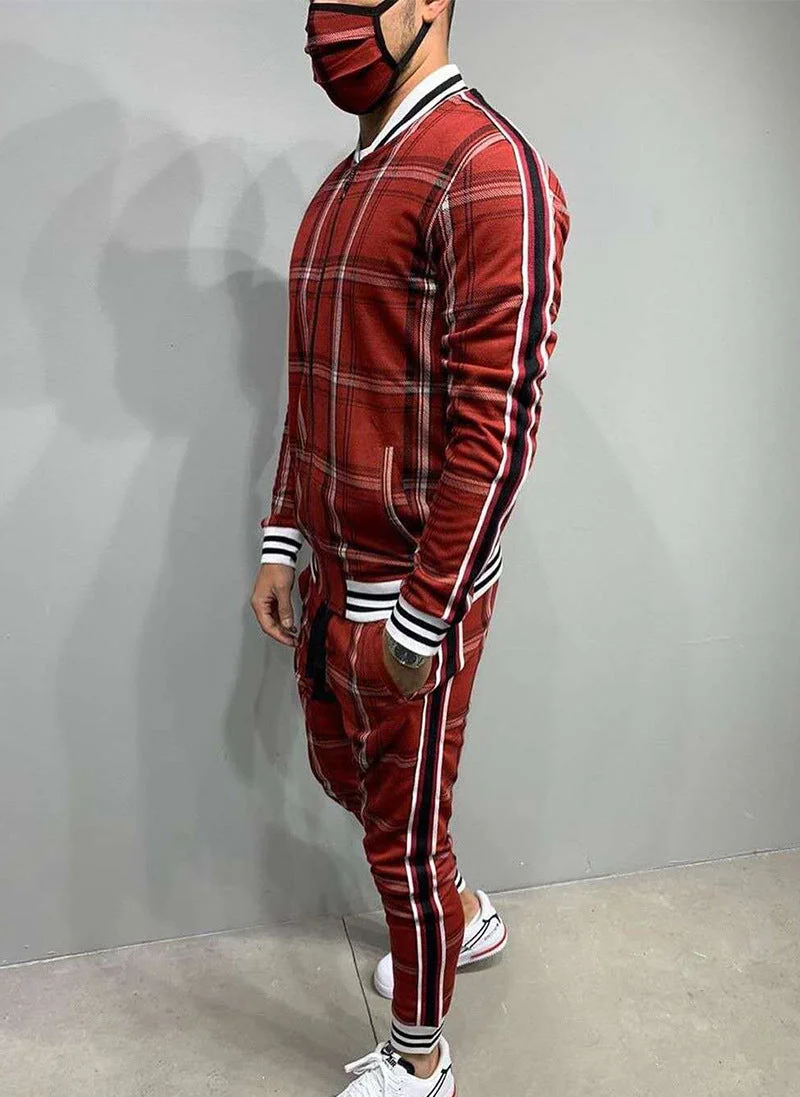 Men's Plaid Cardigan Jacket Trousers Sports Suit
