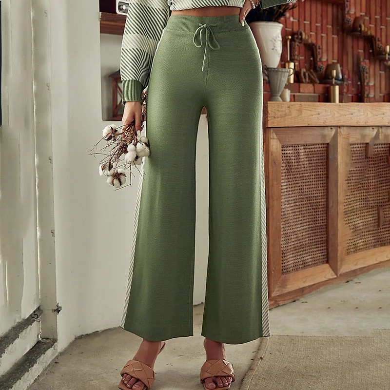 Simplee Green stripes color block women long pants Casual soft lace up trousers Elegant autumn fashion tracksuit pants 2021 new