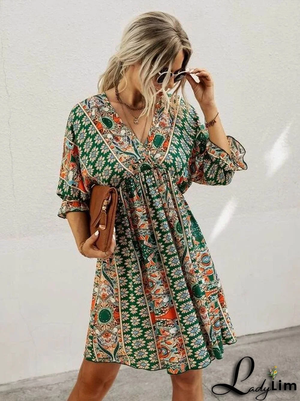 Spring Summer Fashion Print V-Neck Low Back Lace-Up Sexy Short Sleeve Dress