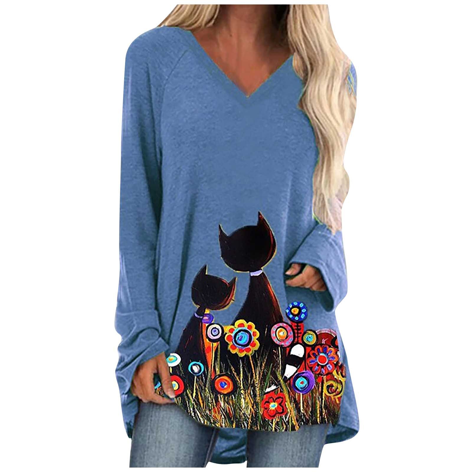 Flower Cat Printed Long Sleeve V Neck Autumn Winter Oversized Tee Shirt