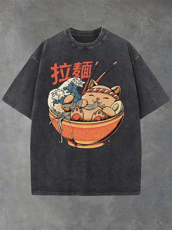 Men's Japanese Ramen Cat Art Print Cotton Washed T-Shirt