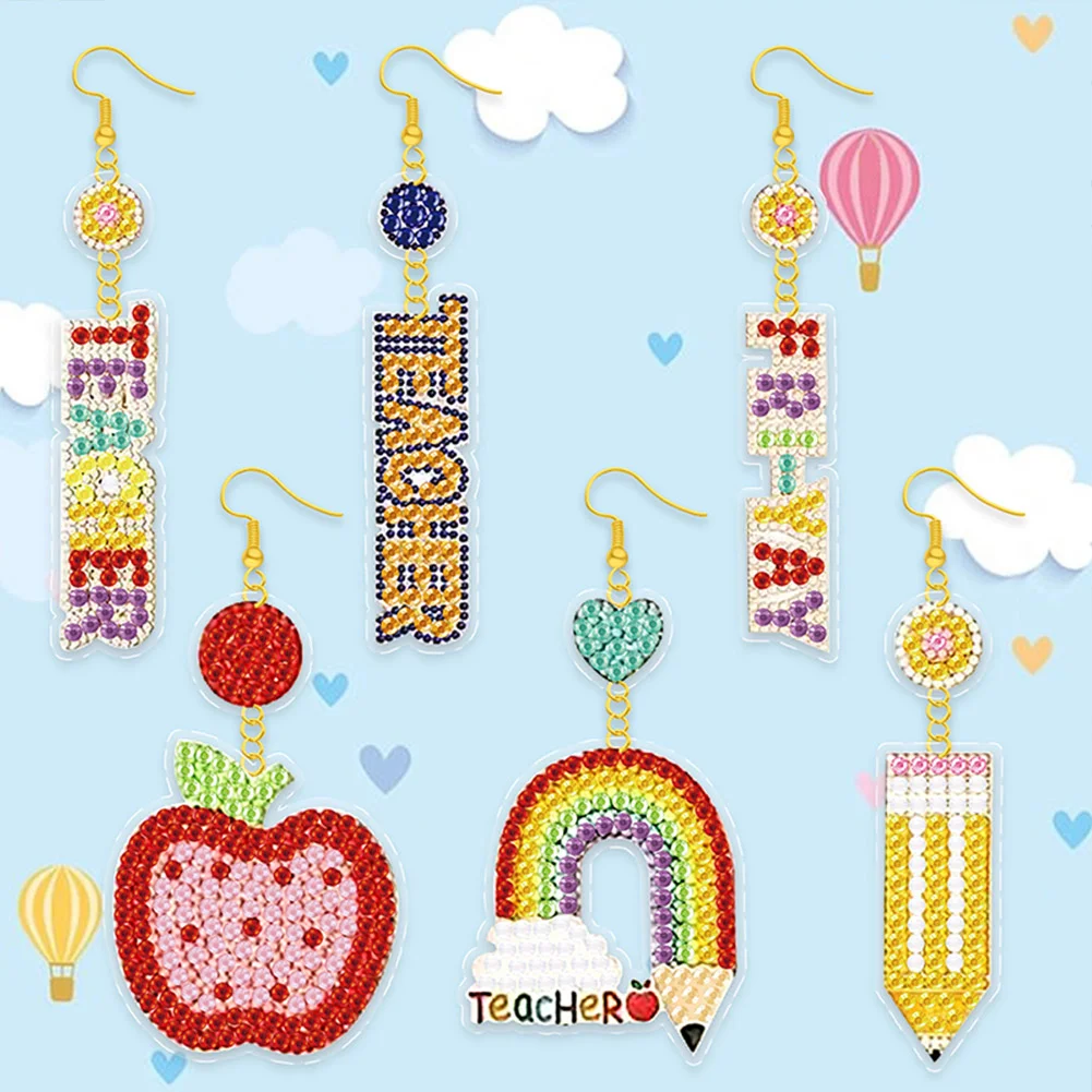 6Pairs DIY Teacher Double Sided Diamond Painting Earrings Mosaic Drill Earring Kits
