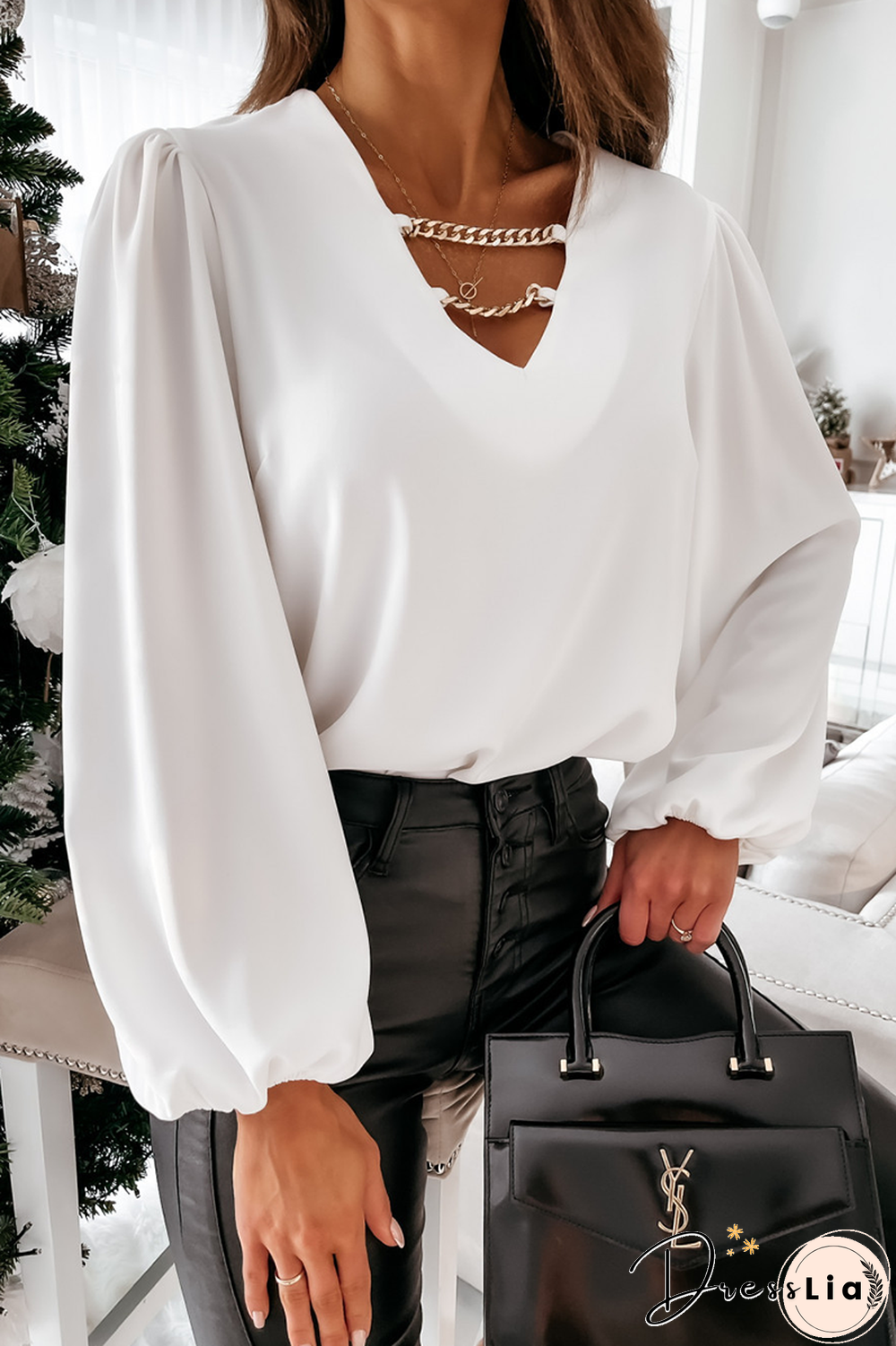 Fashion Elegant Solid Chains V Neck Tops