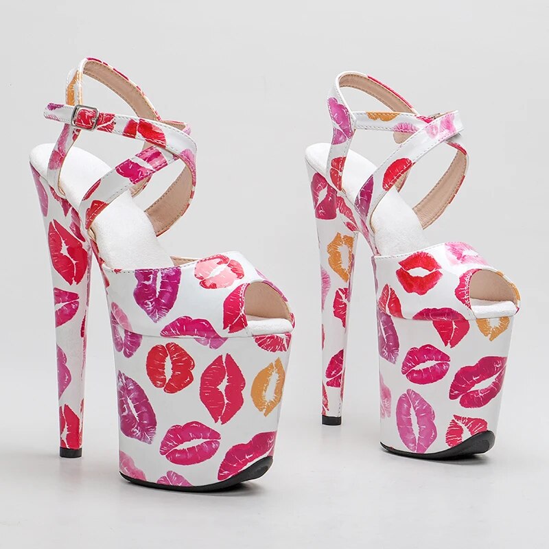 TAAFO 8Inch/20cm PU Brilliant Red Lips Print Platform Sandals Party High Heels Shoes Pole Dancing Shoes