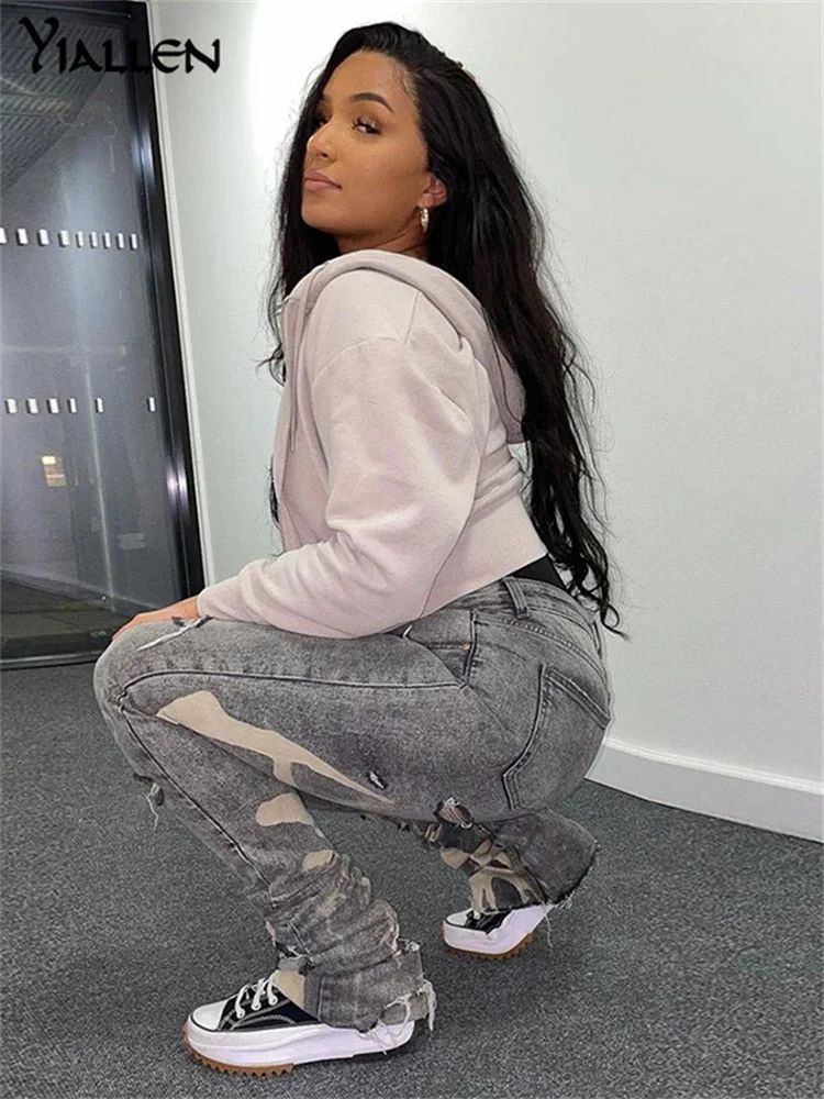 Yiallen Cotton Hole Jeans Trend Y2K Woman Pants Chic Print Stacked Indie Denim Skinny Elastic Slim Casual Streetwear Trousers
