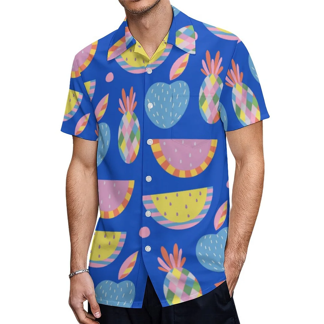 Blue Geometric Scandinavian Fruit Hawaiian Shirt Mens Button Down Plus Size Tropical Hawaii Beach Shirts
