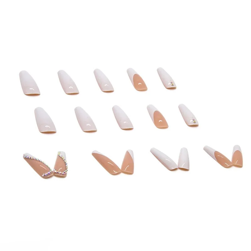 White French False Nails Detachable Long Rhinestone Coffin Fake Nails Acrylic Beauty Print Bride Ballerina Nail Art Full Tips-Nail Inspo
