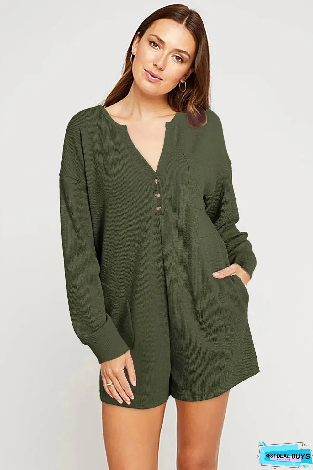 Dark Green Brushed Ribbed Button Split V Neck Long Sleeve Romper