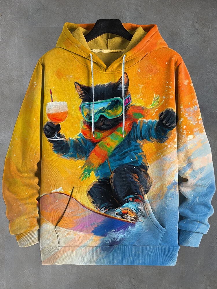 Men's Winter Cat Skiing Art Print Casual Hoodie