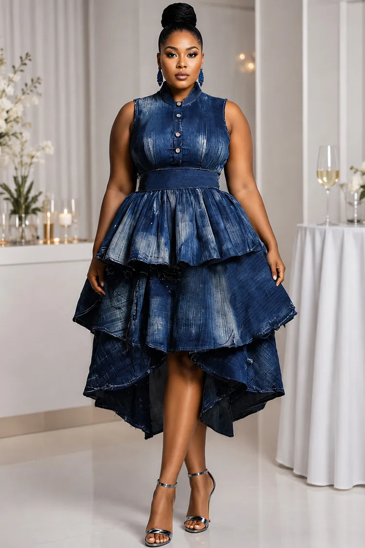 Xpluswear Design Plus Size Party Elegant Blue Mock Neck Ruffle Asymmetric Hem Denim Midi Dresses [Pre-Order] 2024 - Xpluswear