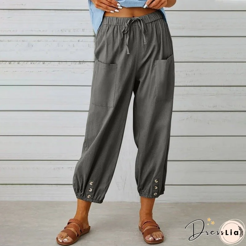 Women's High Waist Button Cotton Linen Trousers Pants