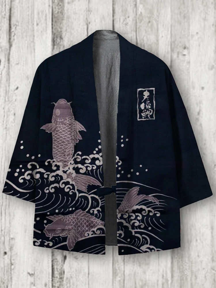 Comstylish Japanese Carp Art Pattern Linen Blend Kimono Cardigan