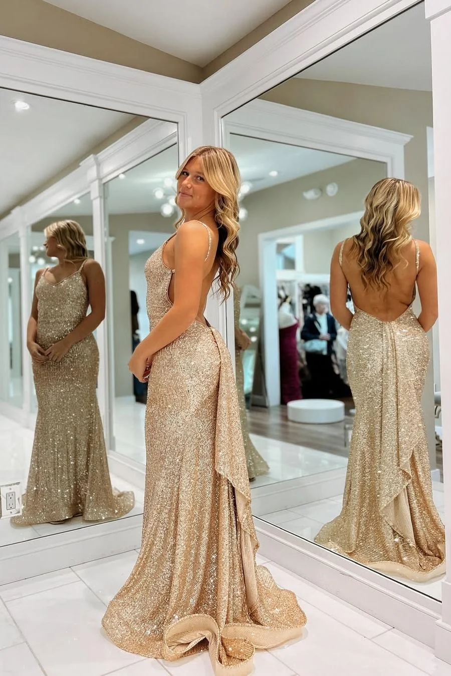 Miabel Exquisite Gold Sequins Spaghetti Strap Sleeveless Long Mermaid Prom Dress with Ruffles 