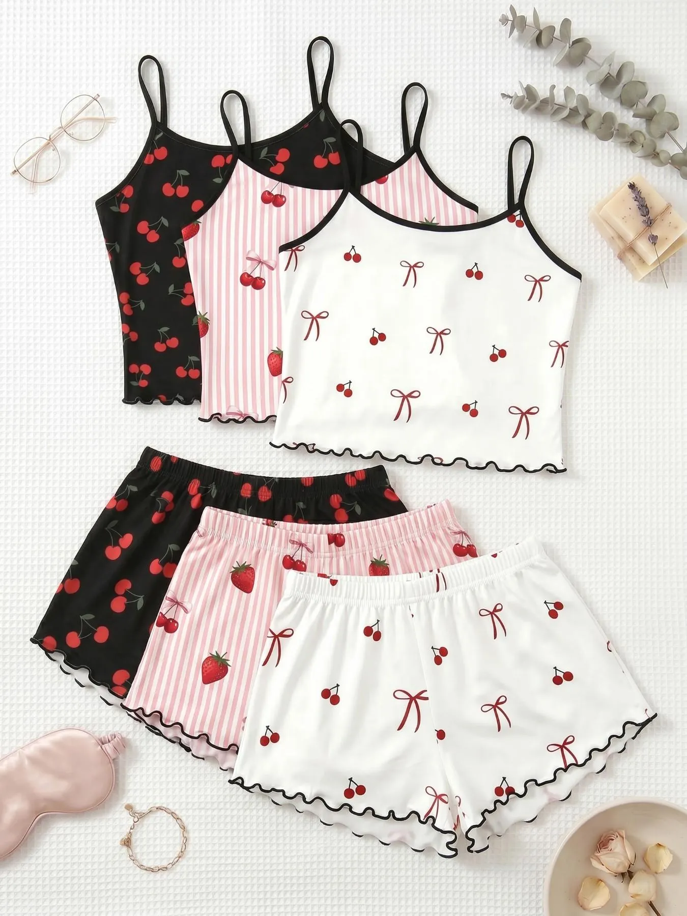 Cherry Print Halter Short Pajamas, Ruffle Trim Design, Sweet Girl Style, Breathable Home Sleepwear, 3-Piece Set Cherry Print Halter Short Pajamas, Ruffle Trim Design, Sweet Girl Style, Breathable Home Sleepwear, 3-Piece Set