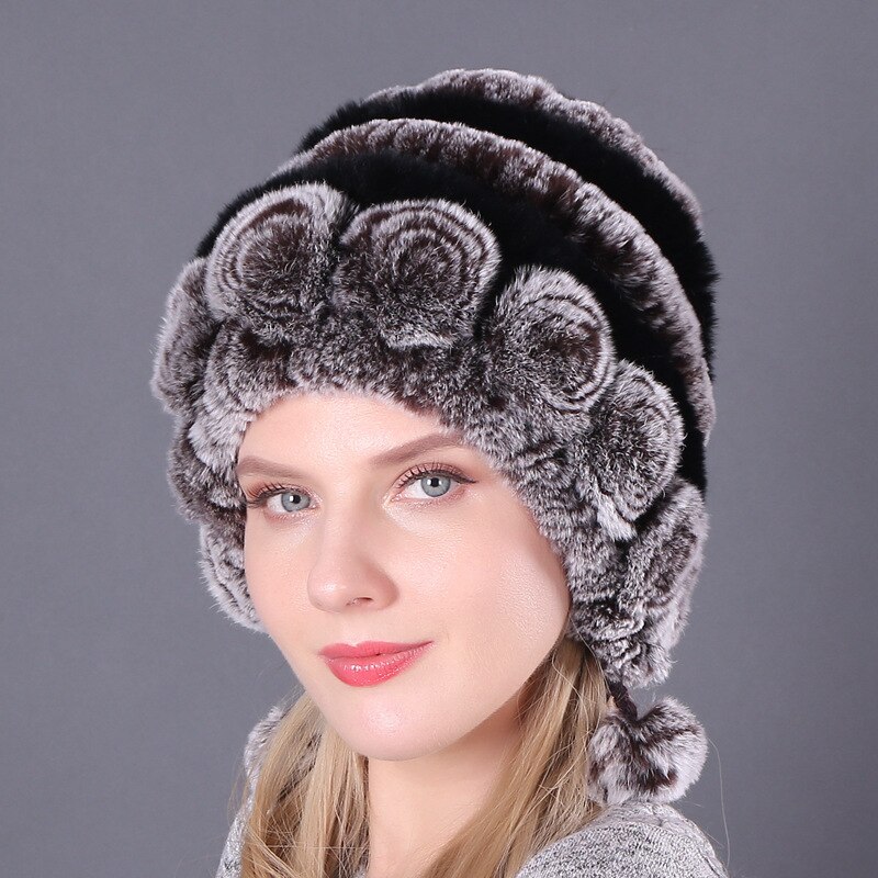 Women's Warm Flower Stripe Real Rex Rabbit Hair Hat | 168DEAL