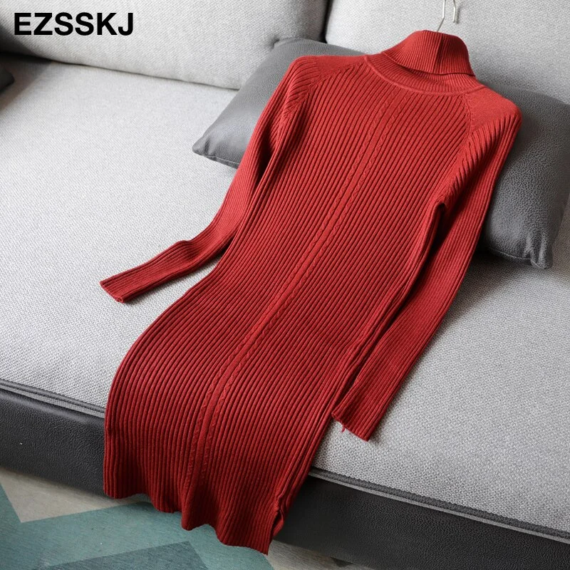 2020 autumn winter midi sweater dress women staight knit short dress highneck dress female slim sweater bodycon warm dress