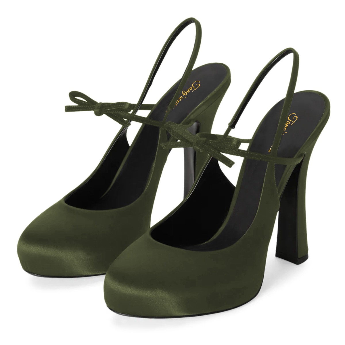 Military Green Round Toe Bow Decor Slingback Platform Pumps Nicepairs