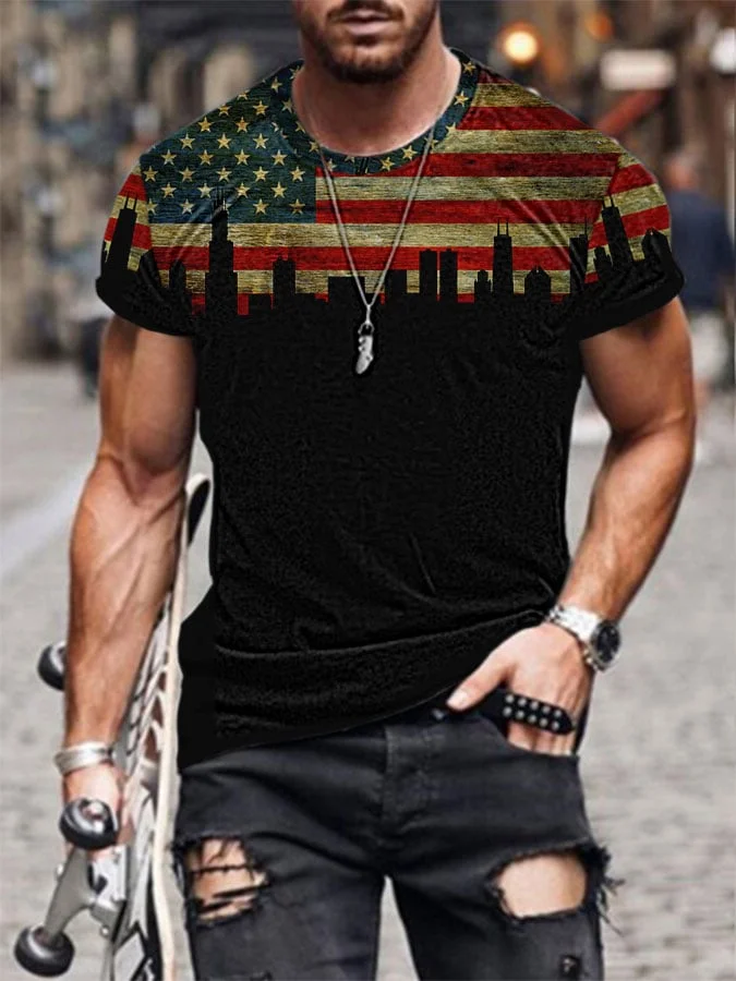 Men's American Flag and City Silhouette Print Short Sleeve T-Shirt
