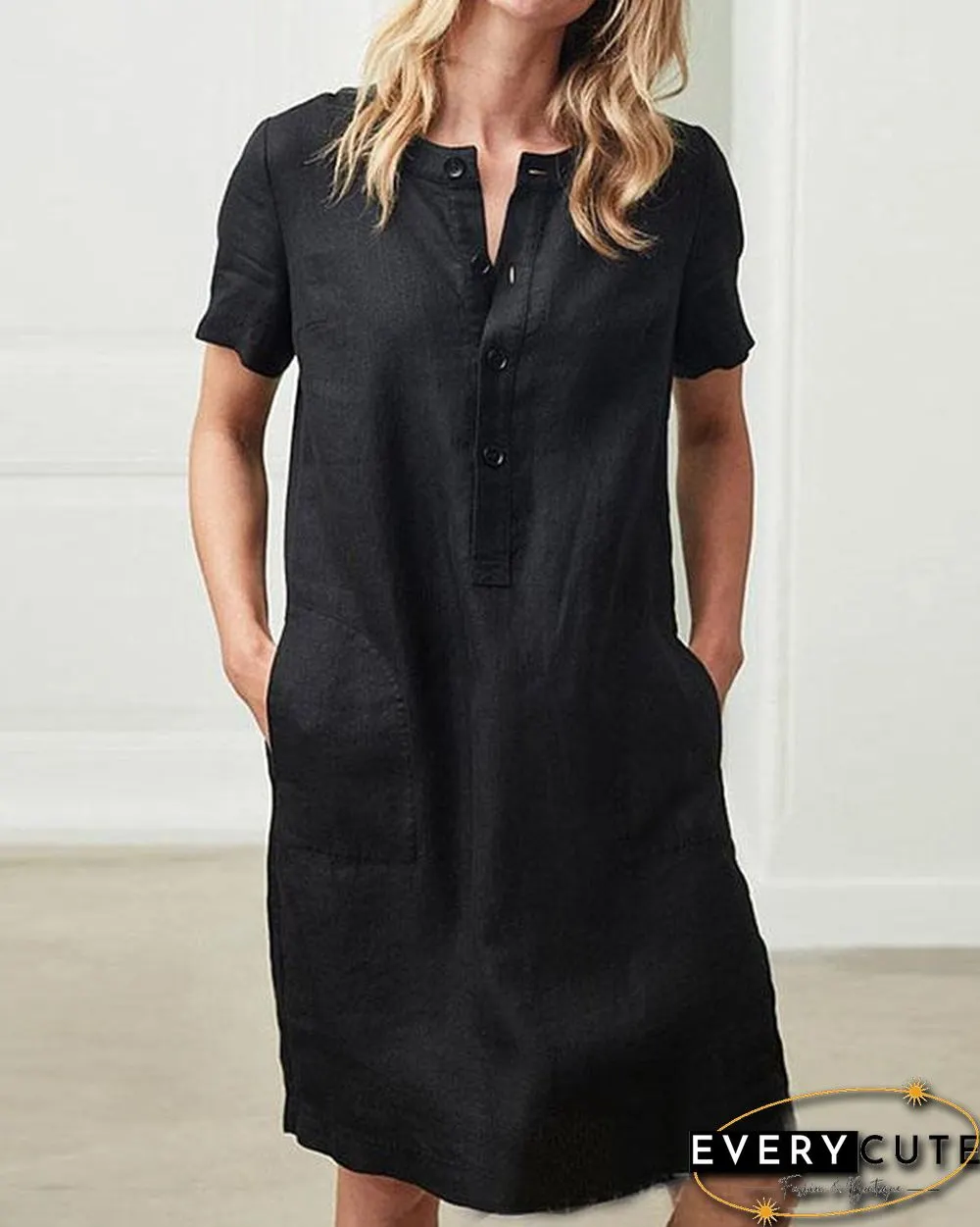 Short Sleeve Button Linen Dresses