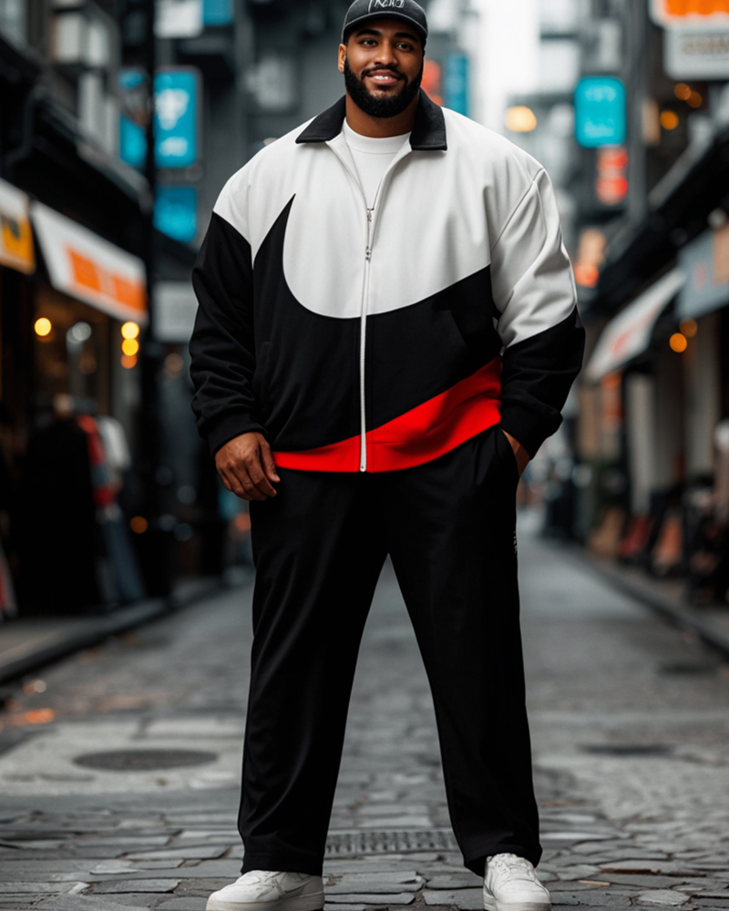 Casual Sports Color Matching Zipper Lapel Long Sleeve Jacket Big & Tall Men's Set