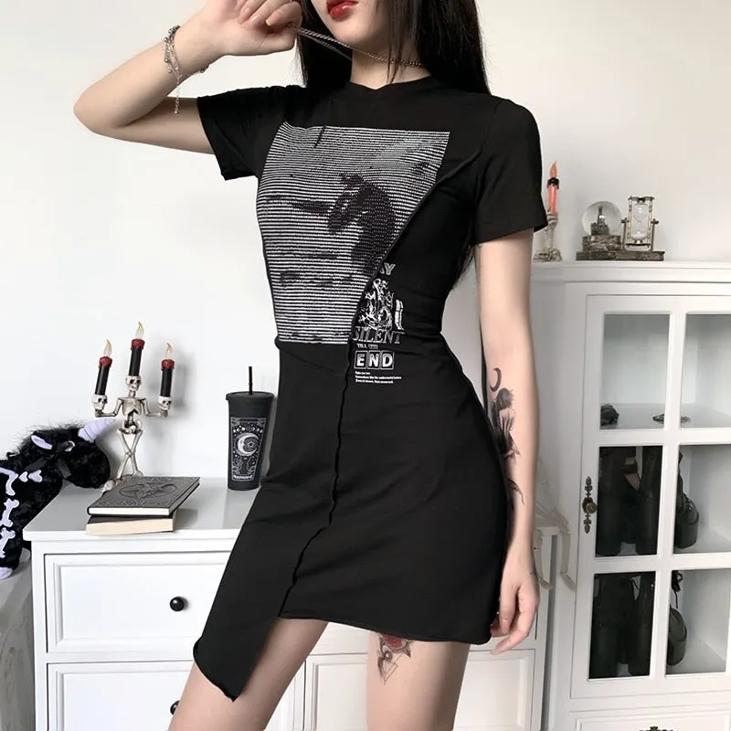 InsGoth Punk Irregular Black Mini Dresses Women Gothic Print Patchwork Bodycon Female Dress Casual Slim Vintage Dress