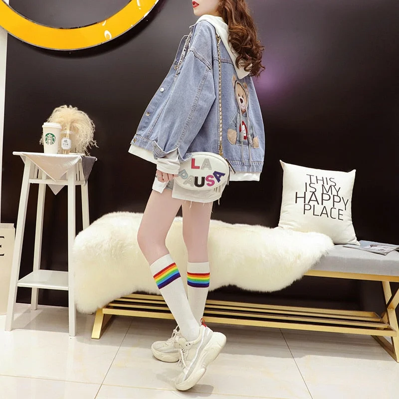 Casual Korean Cartoon Denim Hood Double-layer Jacket Women's Autumn 2021 New Fashion Spring Style With Loose Design Jackets