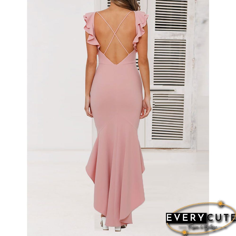 Pink Mermaid Hem Ruffle Sleeveless High Low Evening Dress