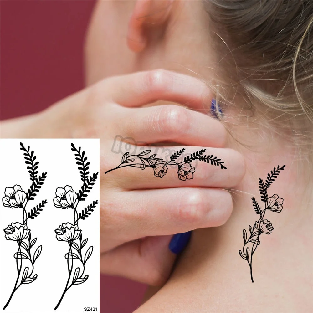 Black Pencil Sketch Henna Lotus Temporary Tattoos For Women Girls Realistic Planet Dandelion Fake Tattoo Sticker Back Arm Tatoos