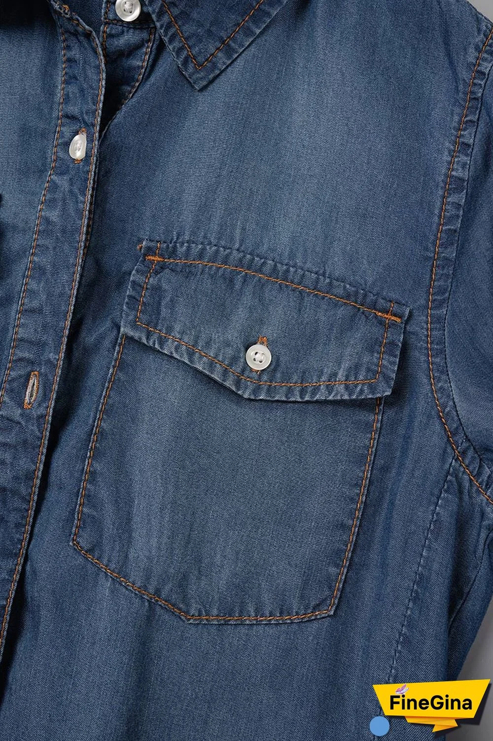 Blue Casual Solid Slit Turndown Collar Tops