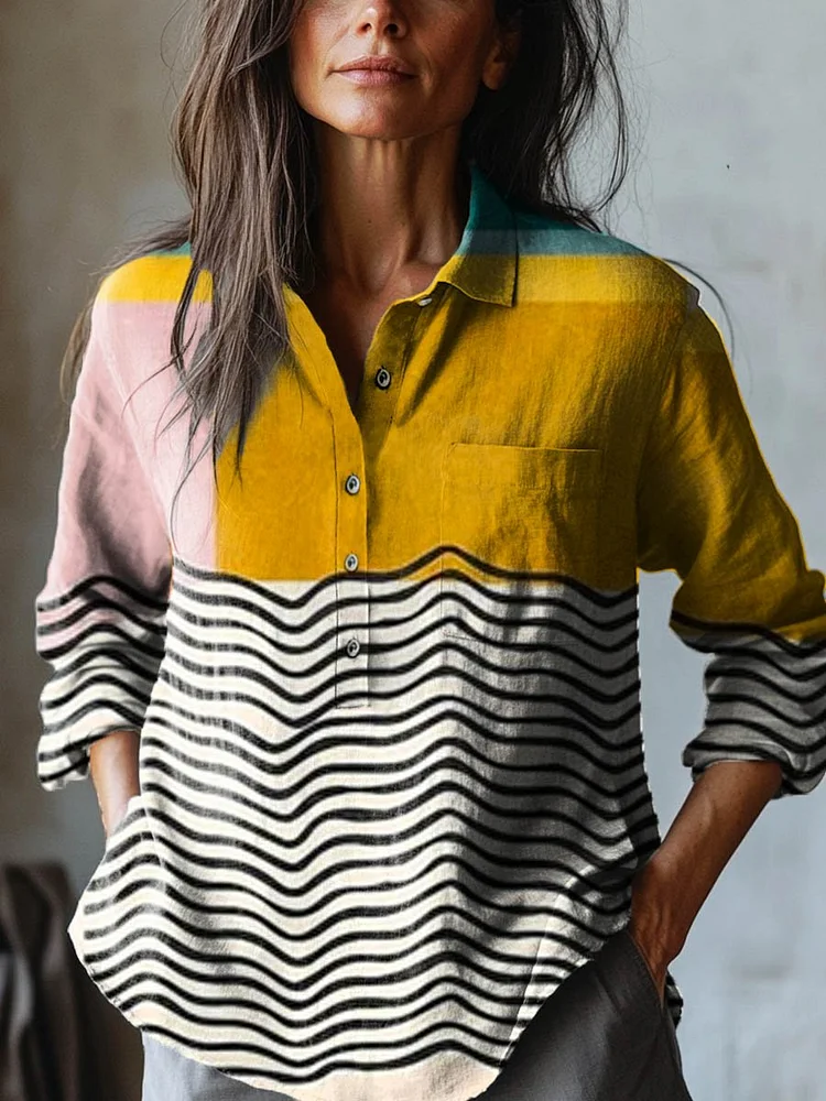 Women's Abstract Geometric Line Pattern Art Print Casual Cotton And Linen Shirt
