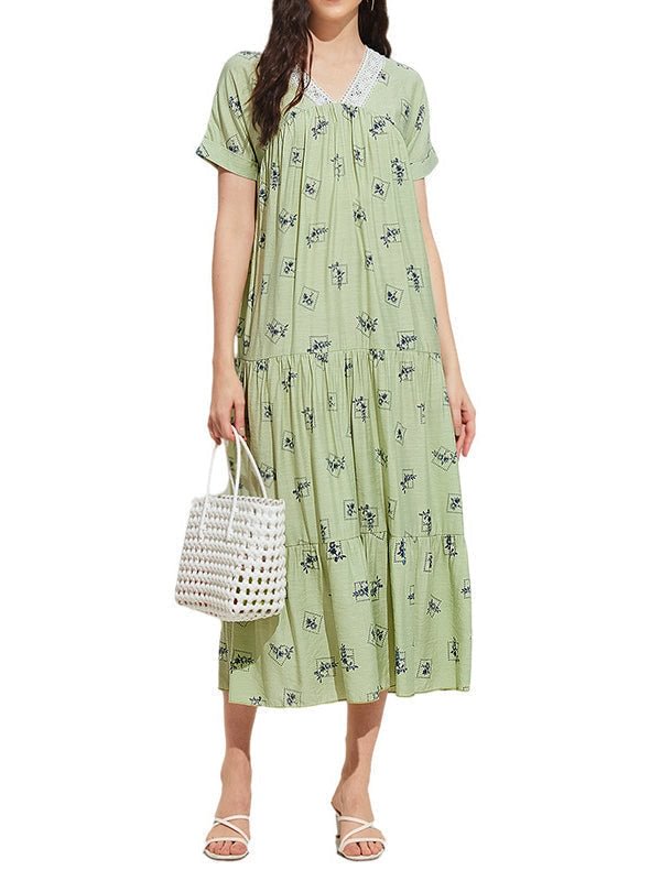 Women's Short Sleeve V-neck Floral Printed Maxi Dress