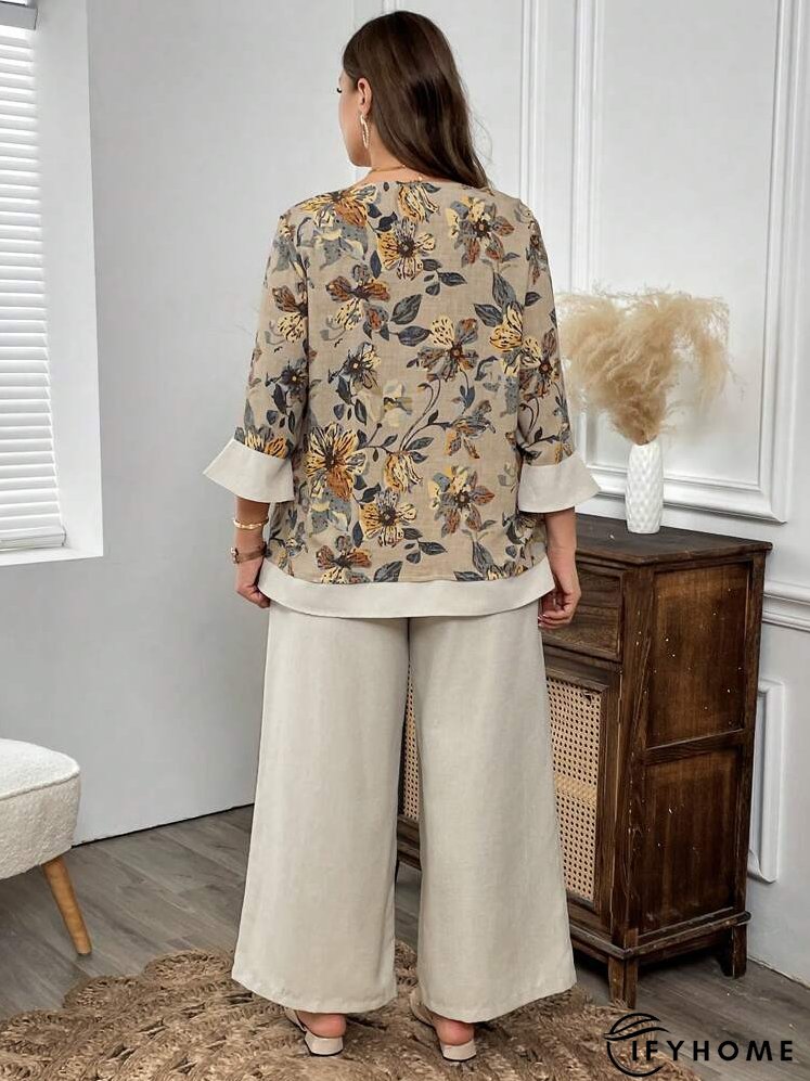 2pcs Plus Size Floral Print Patchwork Long Sleeve Top And Wide Leg Pants Set, Autumn | IFYHOME